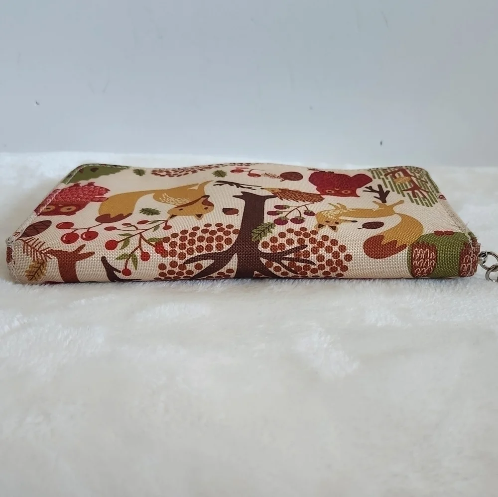 Lily Bloom Forest Owl Fox Porcupine Tan Green Zip Around Wallet